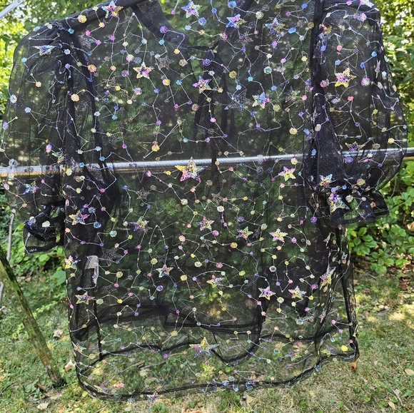 SHEIN Plus Size 0XL -12, Tie Neck Sequin Galaxy Sheer Mesh Top - Picture 9 of 9